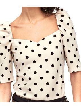 H&M Cream Polka Dot Puff Sleeve Square-Neck Blouse